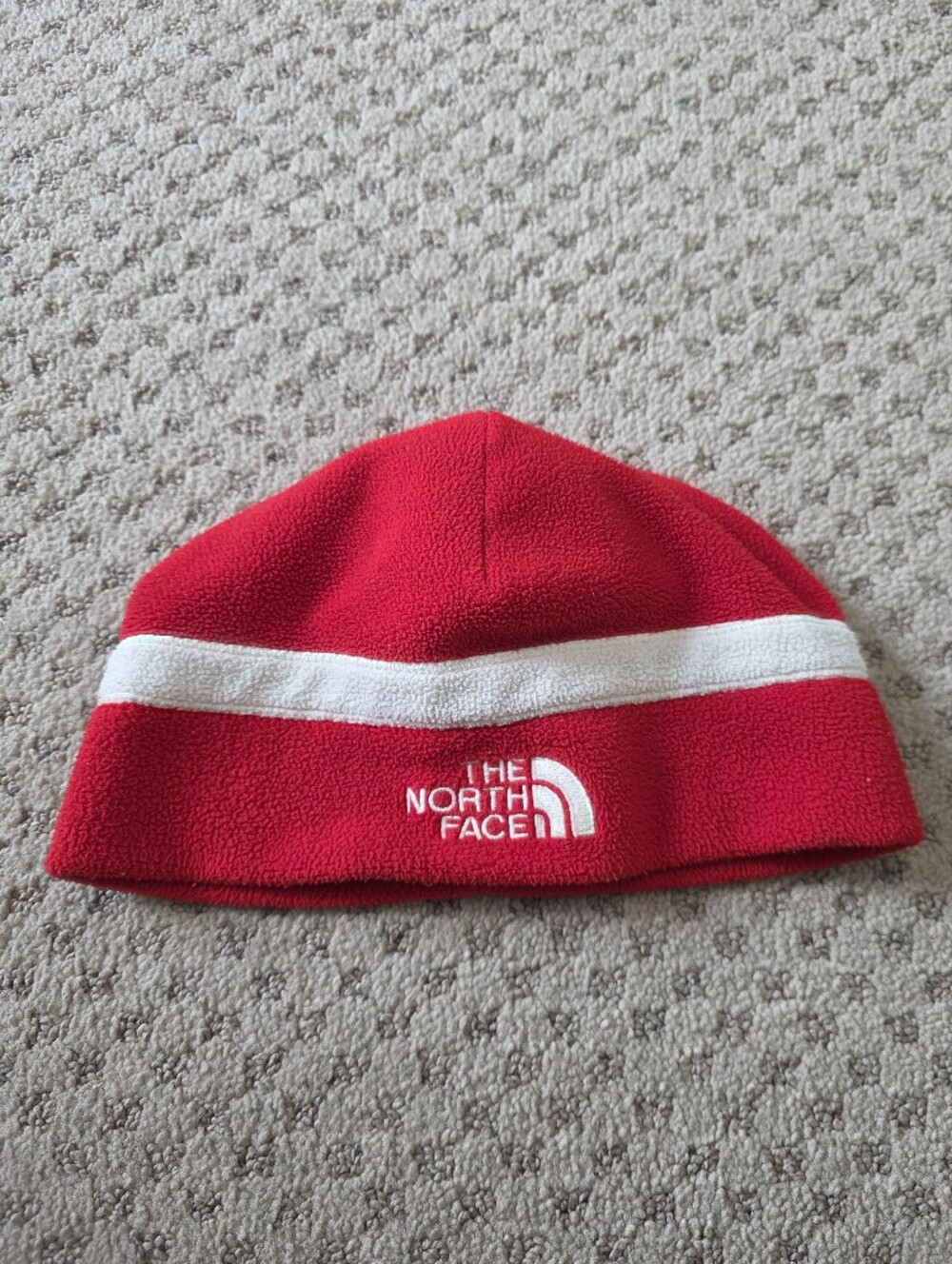 Vintage The North Face Red Fleece Beanie with White Stripe